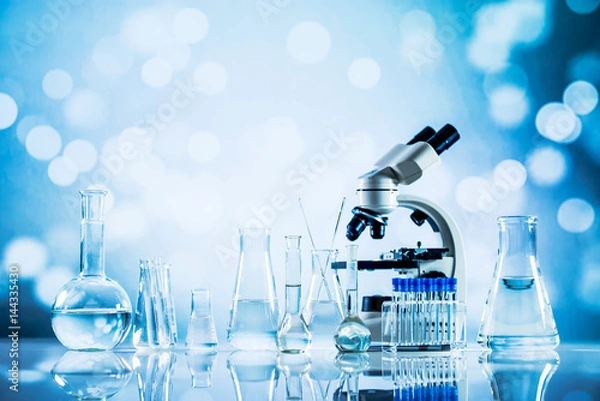 Obraz Science Concept. microscope with lab glassware, laboratory research and development 