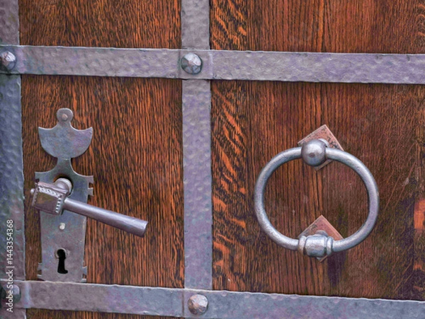 Fototapeta Old door, with a metal handle and keyhole, brown color
