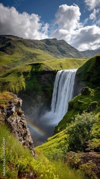 Obraz Majestic waterfall cascading down green mountains, a vibrant rainbow arches over the falls