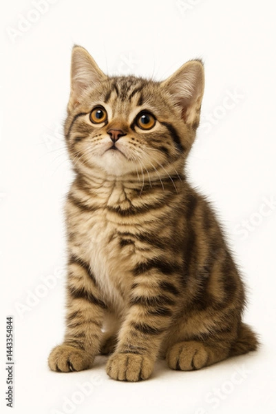 Fototapeta A cute tabby kitten sitting and looking up, isolated on a white background. Realistic photo capturing fine fur detail