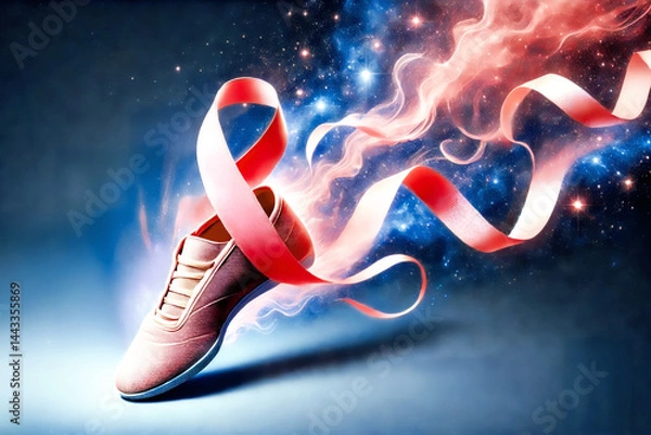 Obraz A pink sneaker with Breast Cancer Awareness ribbon laces floats through a vivid galaxy, blending fashion and fantasy in a surreal, luminous outer space setting.