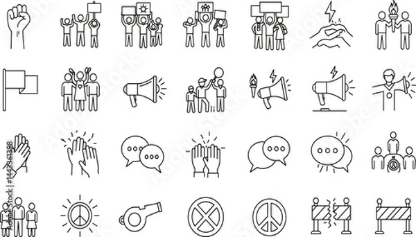 Fototapeta Protest, activism line icon set. Vector pictograms of raised fists, placard, march, demonstration, civil rights, freedom of speech