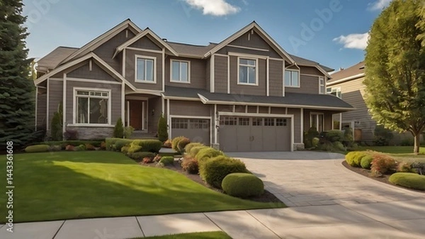 Fototapeta Exterior of a large two story house with a well manicured lawn and a concrete driveway on a sunny day