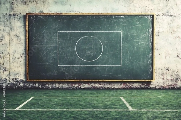 Obraz Dark Green Chalkboard with Circle and Square on Grunge Wall over Turf Field