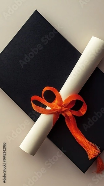 Obraz Diploma Tied with Orange Ribbon on Black Cover and Beige Background, Certificate