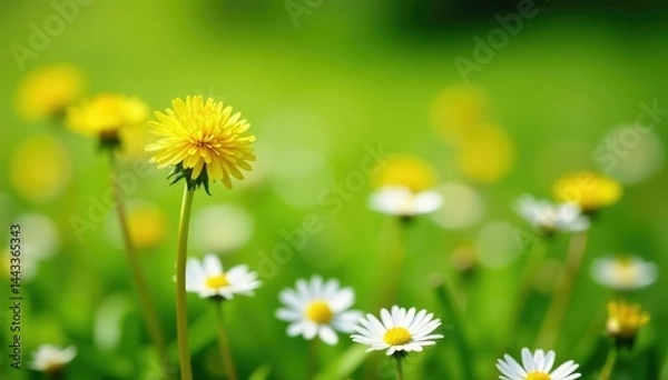Fototapeta Lone golden dandelion in field of white daisies, visually striking, background, outstanding