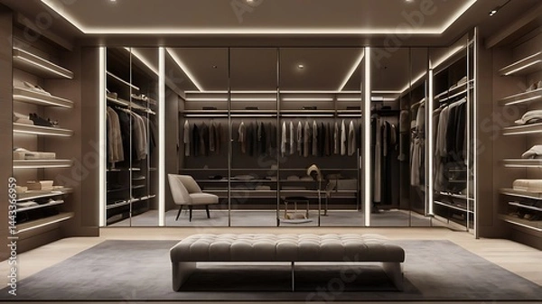 Fototapeta A luxurious walk in closet featuring mirrored doors and elegant seating arrangements with ambient lighting