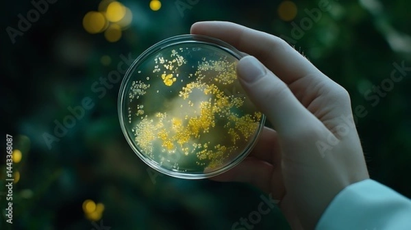 Obraz Scientist Hand Holding Petri Dish with Yellow Bacteria Colonies in Lab, Closeup
