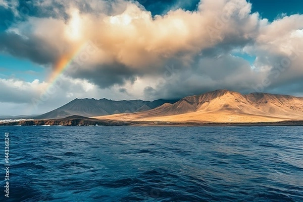 Obraz Serene Seascape Rugged Coastline, Rainbow, Dramatic Clouds, Island Landscape
