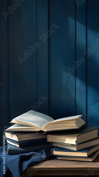 Obraz Stack of Books on Wooden Table with Blue Cloth and Vertical Wood Backdrop
