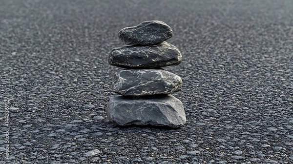 Obraz Stacked Dark Stones on Asphalt Surface Cairn Rock Formation Gray