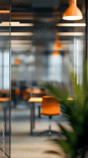 Fototapeta Blurred modern office background with glass partitions and warm accents