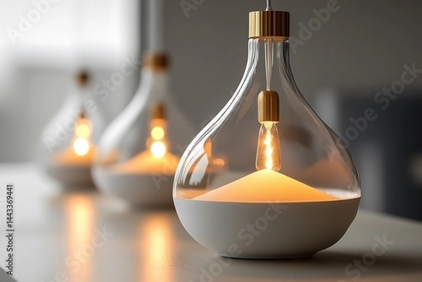 Obraz Stylish Glass Vessels with White Base Sand and Glowing Golden Light Bulb Accent