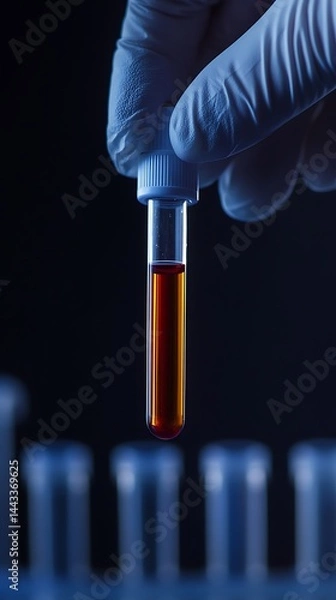 Obraz Test Tube Held By Gloved Hand with Amber Liquid on Dark Background Close Up