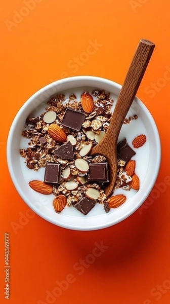 Obraz Top View Chocolate Granola, Almonds, Milk, and Wooden Spoon on an Orange Background