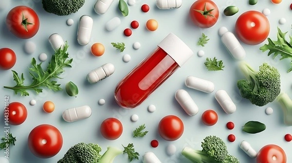 Obraz Vivid Flat Lay of Red Liquid Tube, Tomato, Broccoli, Greenery, White Capsules on Blue