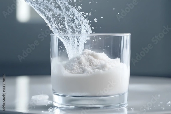 Obraz Water Pouring into Glass with White Powder Blend Ingredient Preparation Clean Look