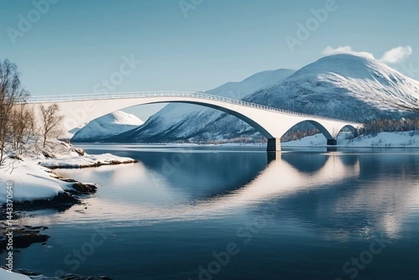 Obraz White Bridge Over Calm Lake with Snowy Mountains and Bare Trees in Scenic Winter