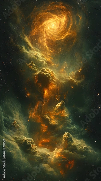Obraz Swirling space nebula with golden light and dark wispy clouds on a starry black background
