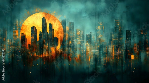 Obraz Vibrant city skyline against a radiant sun with an artistic textured background