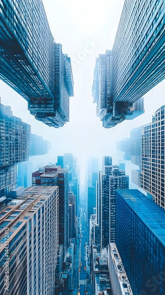 Obraz A misty cityscape view from the bottom high buildings around a blue hue in a metropolitan atmosphere