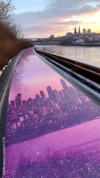 Obraz A riverside path displays a vibrant city scene Buildings are silhouetted against the sunset sky
