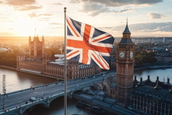 Obraz Union jack flag waving with Big Ben and Houses of Parliament in London at sunset in the background