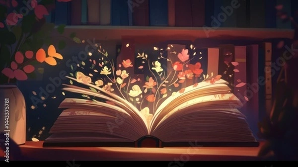 Fototapeta Open book with glowing flowers emanating from its pages, on a wooden surface, near a bookshelf.