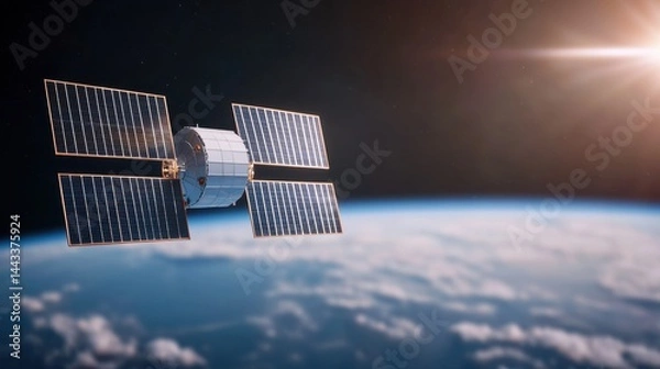 Obraz Rare earth renewable energy Concept, Satellite Network Powered by Solar Panels Orbiting Earth in a Stunning Cosmic Landscape