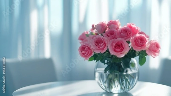 Fototapeta Pink roses in a glass vase on a white table near a window.