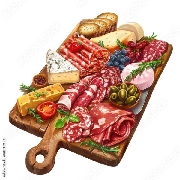 Fototapeta Gourmet charcuterie board with assorted meats, cheeses, and accompaniments for a refined dining experience, Isolated Transparent Background