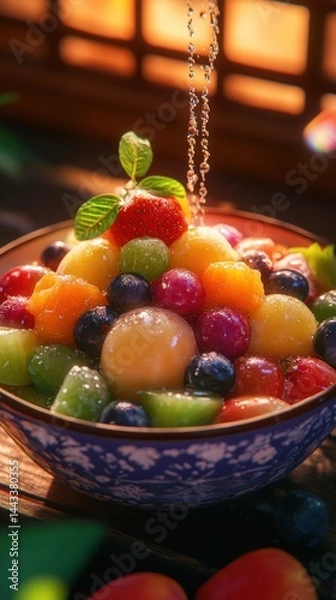 Fototapeta Refreshing fruit salad in a bowl with water pouring.