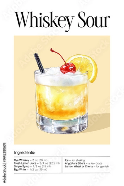 Fototapeta Whiskey Sour cocktail with ice cubes, foamy egg white layer, lemon wheel and cherry garnish in a lowball glass. Watercolor illustration on light beige background. Classic bourbon drink with citrus 