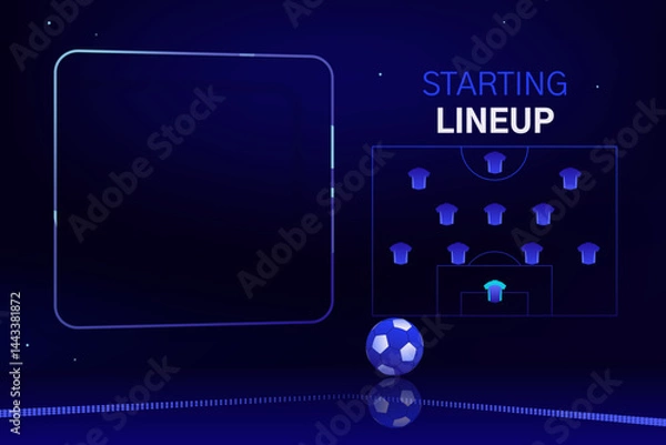 Fototapeta Starting lineup, football team formation. Vector frame template with football pitch diagram, player and goalkeeper icons, football ball. Football analytics, vibrant color, tech background.