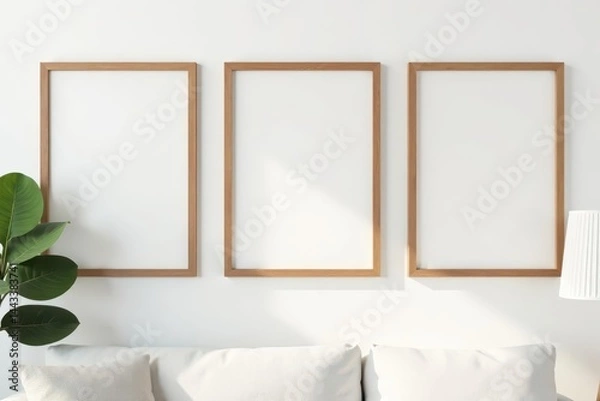 Fototapeta Three empty rustic wooden frames on white wall, gallery, frame, interior