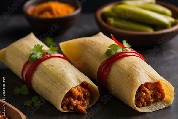 Fototapeta Delectable Delight a mouthwatering culinary shot featuring two enticing tamales wrapped in husks, accompanied by additional ingredients in elegant small bowls.
