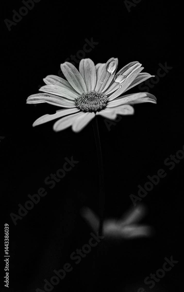 Obraz Black and white photo of a daisy.Vertical photo with a dewdrop on a daisy on a black background.