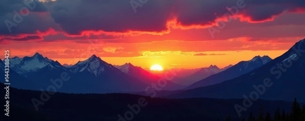Fototapeta Alaskan sunset, fiery sky, mountains silhouette, lake, color, Anchorage