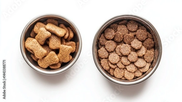 Fototapeta Two bowls of dog food, one with a bone shaped biscuit