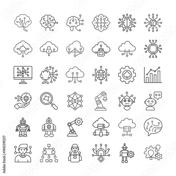 Fototapeta Comprehensive Icon Set Representing Artificial Intelligence, Machine Learning, Robotics, and Data-Driven Technologies for Digital Innovation