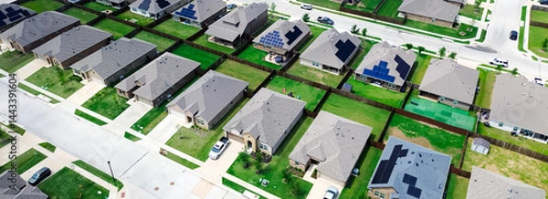 Fototapeta Panorama aerial view spacious backyard grassy lawn of new construction houses in fast growing Princeton, Collin County, Texas, clean energy efficiency home DFW metroplex, upscale residential area