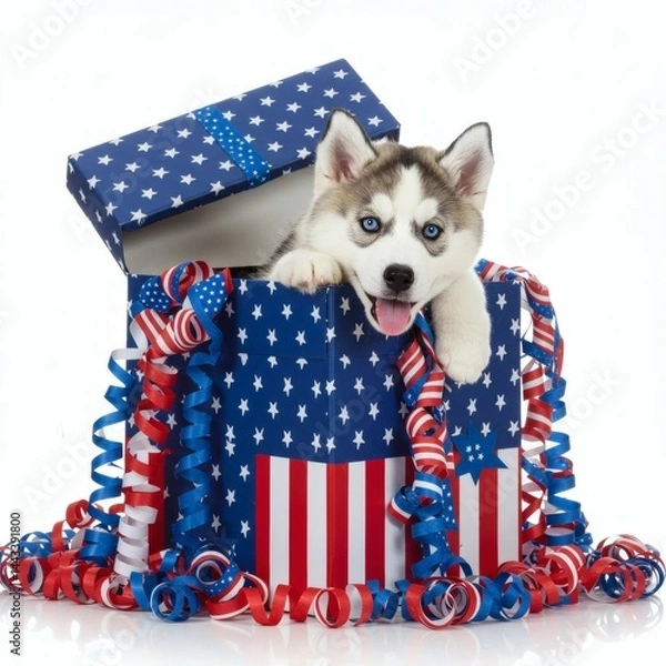 Obraz 4th of july, USA Independence Day, Cute puppy celebrating with usa flags isolated on white background