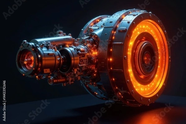 Fototapeta Orange illuminated engine, complex internal mechanisms, high-tech aesthetic , powerful, industrial