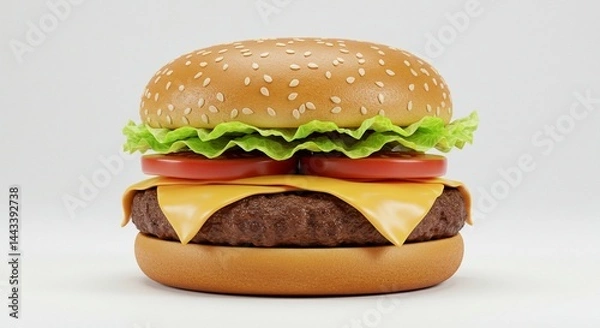 Fototapeta Studio photo of a classic cheeseburger with lettuce, tomato, and melted cheese, centered on a pure white background, soft shadows, professional lighting.