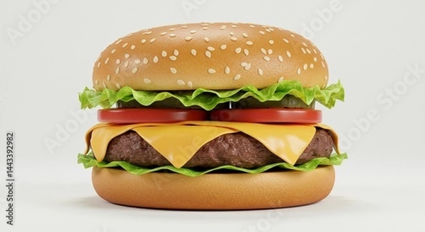 Fototapeta Studio photo of a classic cheeseburger with lettuce, tomato, and melted cheese, centered on a pure white background, soft shadows, professional lighting.