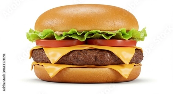 Fototapeta Studio photo of a classic cheeseburger with lettuce, tomato, and melted cheese, centered on a pure white background, soft shadows, professional lighting.