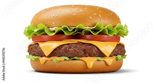 Fototapeta Studio photo of a classic cheeseburger with lettuce, tomato, and melted cheese, centered on a pure white background, soft shadows, professional lighting.