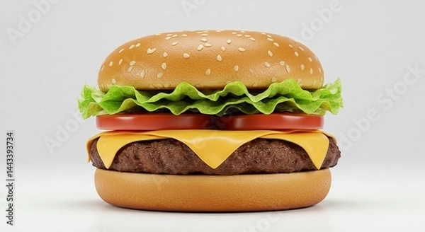 Fototapeta Studio photo of a classic cheeseburger with lettuce, tomato, and melted cheese, centered on a pure white background, soft shadows, professional lighting.