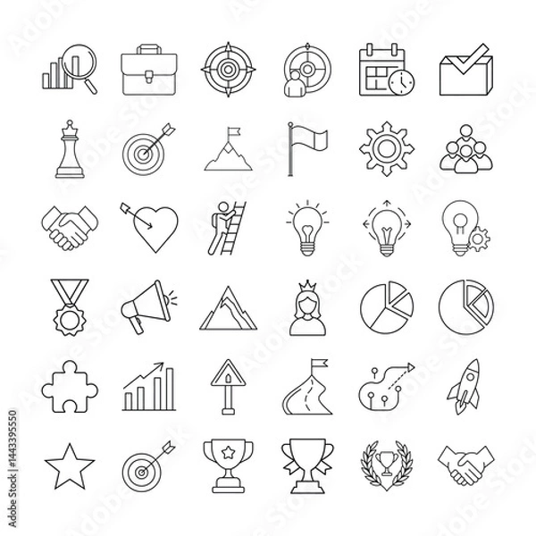 Fototapeta Business and Success Line Icons Set Leadership, Strategy, Goal Achievement, Innovation, Teamwork, Motivation, Marketing, Growth, and Planning Concepts in Minimal Outline Stylty