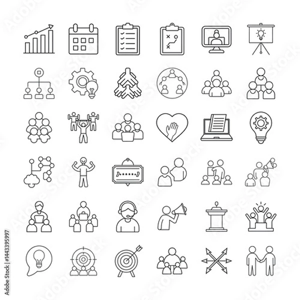 Fototapeta Set of Business Teamwork, Leadership, Collaboration, and Organizational Development Line Icons  Corporate Strategy, Team Building, Innovation, Communication, Training, and Goal Setting Concepts